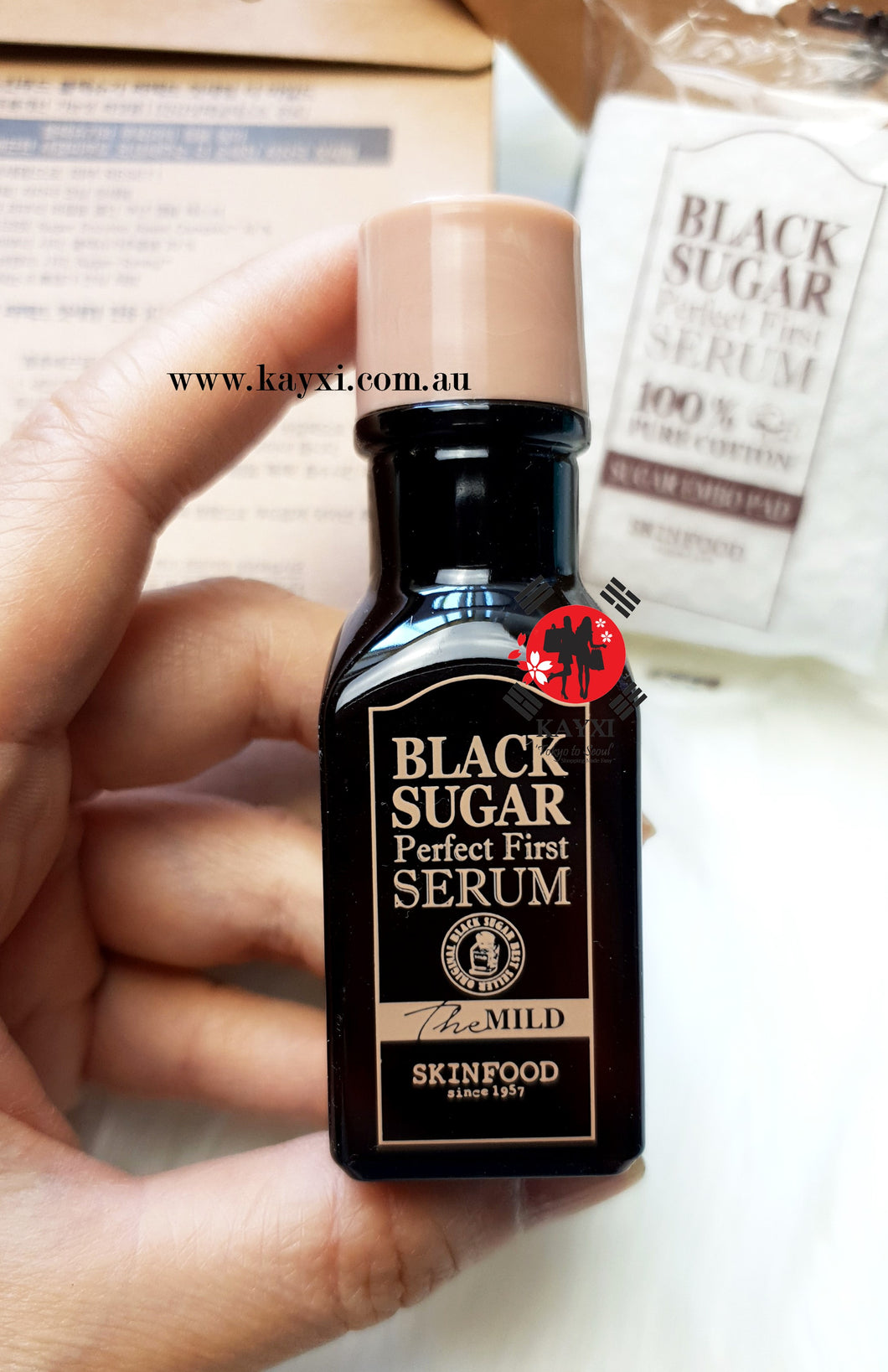 [SKINFOOD] Black Sugar Perfect First Serum Travel Size  15ml + 6 Pcs Double Sided Cotton Pads (65% OFF)